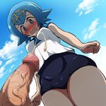  1girl blue_eyes blue_hair blue_sky blush breasts censored cloud cum day ejaculation erection from_below headband mosaic_censoring open_mouth outdoors penis pokemon pokemon_(game) pokemon_sm pov regls short_hair sky suiren_(pokemon) surprised swimsuit swimsuit_under_clothes thighs trial_captain wavy_mouth 