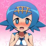  1girl blue_eyes blue_hair blush face happy headband looking_at_viewer pokemon pokemon_(game) pokemon_sm regls short_hair smile suiren_(pokemon) swimsuit_under_clothes trial_captain 