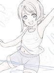  :d arm_up armpits belly_peek blush looking_at_viewer love_live! love_live!_sunshine!! navel open_mouth otsumami_(otsu-mugi) partially_colored shorts sketch sleeveless smile solo tank_top watanabe_you 