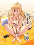  bag ball bare_legs bare_shoulders barefoot beach beach_towel beachball bikini blonde_hair blue_eyes bottle bracelet breasts cellphone cleavage collarbone day denim denim_shorts earrings feet front-tie_bikini front-tie_top full_body grin hair_ornament halter_top halterneck highres idolmaster idolmaster_cinderella_girls indian_style jewelry large_breasts lips long_hair looking_at_viewer multicolored multicolored_stripes nail_polish navel necklace nigou o-ring o-ring_top ootsuki_yui open_fly outdoors phone ponytail sand short_shorts shorts sitting smartphone smile solo striped striped_bikini sweat swimsuit toenail_polish towel water_bottle wavy_hair 