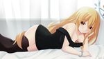  bangle bare_shoulders black_legwear blonde_hair blush bracelet braid curtains jewelry keenh long_hair looking_at_viewer lying million_arthur_(choujigen_game_neptune) neptune_(series) off-shoulder_shirt off_shoulder on_bed on_stomach open_mouth shin_jigen_game_neptune_vii shirt side_braid smile solo thighhighs yellow_eyes 