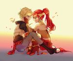  1boy 1girl blonde_hair forehead_protector green_eyes high_heel_boots jaune_arc long_hair ponytail pyrrha_nikos red_hair rwby short_hair skirt tears 