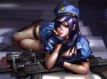  1girl absurdres alternate_costume arm_support blue_hair bra braid caitlyn_(league_of_legends) cuffs fingerless_gloves glasses gloves gun handcuffs hat highres league_of_legends liang_xing long_hair looking_at_viewer lying necktie officer_caitlyn on_side police police_hat police_uniform policewoman purple_eyes rifle short_sleeves skirt sniper_rifle solo stairs underwear uniform weapon 
