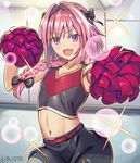  abs androgynous astolfo_(fate) black_bow blush bow braid cheerleader commentary_request crop_top crop_top_overhang fang fate/apocrypha fate/grand_order fate_(series) hair_intakes hair_ribbon long_hair looking_at_viewer male_focus midriff miniskirt multicolored_hair navel open_mouth otoko_no_ko pink_hair pom_poms purple_eyes ribbon shiroi_yuumi single_braid skirt sleeveless smile solo streaked_hair 