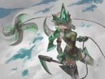  afterimage akatsuki_kirika bare_shoulders blonde_hair breasts breasts_apart chain closed_mouth covered_navel elbow_gloves expressionless gloves green_eyes headgear kusarigama legs_apart leotard looking_at_viewer magical_girl medium_breasts pauldrons senki_zesshou_symphogear short_hair sickle skin_tight skirt smoke solo standing striped striped_legwear symphogear_pendant thighhighs visqi weapon 