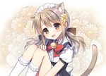  animal_ears bangs bell blouse blush bow bowtie brown_eyes brown_hair cat_ears cat_tail dress floral_background flower frills grey_hair hair_flower hair_ornament jingle_bell kneehighs knees_up long_hair looking_at_viewer maid maid_headdress mauve open_mouth original pinafore_dress red_bow red_neckwear short_sleeves sidelocks sitting smile solo tail white_blouse white_legwear yellow_flower 
