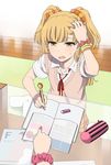  armpit_peek blonde_hair bracelet commentary_request eraser flying_sweatdrops green_eyes idolmaster idolmaster_cinderella_girls jewelry jougasaki_rika mattaku_mousuke multicolored_scrunchie notebook pen school_uniform scrunchie sweater_vest two_side_up 