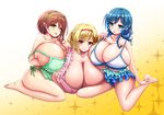  3girls apron bikini blonde_hair blue_eyes blue_hair blush breasts brown_hair btk cleavage gigantic_breasts green_eyes huge_breasts looking_at_viewer multiple_girls open_mouth original_character red_eyes sitting smile 