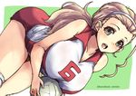  :d bare_shoulders blonde_hair breasts cleavage girls_und_panzer green_eyes hair_pulled_back large_breasts long_hair looking_at_viewer open_mouth sasaki_akebi shinshin smile solo sportswear teeth twitter_username volleyball volleyball_uniform 