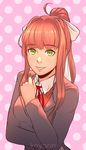  ahoge bangs blunt_bangs bow breasts brown_hair collared_shirt commentary doki_doki_literature_club eyebrows_visible_through_hair green_eyes high_ponytail koyorin long_hair long_sleeves looking_at_viewer medium_breasts monika_(doki_doki_literature_club) parted_lips pink_background polka_dot polka_dot_background school_uniform shirt sidelocks smile solo upper_body white_bow white_shirt wing_collar 