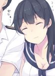  1girl agano_(kantai_collection) bangs black_hair blush breasts cleavage closed_eyes closed_mouth commentary_request eyebrows_visible_through_hair head_out_of_frame head_tilt kantai_collection long_hair medium_breasts sailor_collar shikajima_shika shirt short_sleeves simple_background sleeping sleeping_upright smile solo_focus translation_request upper_body wavy_mouth white_background white_shirt zzz 