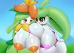  2girls arm_around_shoulder blue_background blue_sky breasts crown day dibujosv12 eyes_visible_through_hair grass green_hair highres huge_breasts lactation lilligant long_hair looking_down multiple_girls nipples no_humans open_mouth orange_eyes outdoors pink_eyes pokemon pokemon_(creature) pokemon_bw pokemon_sm shiny_skin simple_background sky smile standing steenee teeth 