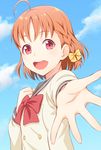  ahoge braid clenched_hand cloud day ha-ru hand_on_own_chest long_sleeves looking_at_viewer love_live! love_live!_sunshine!! open_hand orange_hair reaching_out red_hair red_ribbon ribbon round_teeth school_uniform short_hair side_braid sky takami_chika teeth uranohoshi_school_uniform yellow_ribbon 