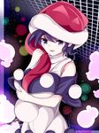  :3 :d adda antinomy_of_common_flowers bare_arms bare_shoulders between_breasts breast_hold breasts doremy_sweet dress glowing hat highres large_breasts light_particles looking_at_viewer nightcap open_mouth pom_pom_(clothes) purple_eyes purple_hair red_hat short_hair smile solo touhou turtleneck upper_body 