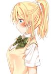  ayase_eli bangs blonde_hair blue_eyes blush bow bowtie commentary_request from_side green_bow green_neckwear love_live! love_live!_school_idol_project mogu_(au1127) otonokizaka_school_uniform ponytail pout school_uniform scrunchie short_sleeves sidelocks simple_background solo striped striped_bow striped_neckwear sweater_vest upper_body white_background white_scrunchie 