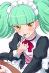  :t apron bangs biburi_(precure) black_dress blunt_bangs blush cake commentary dress eating eyebrows_visible_through_hair food food_on_face fork green_hair highres holding holding_fork juliet_sleeves kirakira_precure_a_la_mode long_hair long_sleeves looking_at_viewer maid_apron maid_headdress neck_ribbon plate precure puffy_sleeves red_ribbon ribbon sekina simple_background solo twintails v-shaped_eyebrows white_background yellow_eyes 