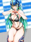  armor bikini blue_armor blue_eyes blush cleavage_cutout fire_emblem fire_emblem:_souen_no_kiseki fire_emblem_heroes green_eyes green_hair helmet long_hair looking_at_viewer meme moe_moe_kyun! navel nephenee piyopiyomen solo swimsuit 