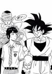  cape closed_eyes commentary crossed_arms crossover dende dragon_ball dragon_ball_z greyscale highres kimi_no_na_wa lee_(dragon_garou) male_focus monochrome multiple_boys open_mouth piccolo pointy_ears school_uniform short_hair smile son_gokuu tachibana_taki turban 