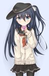  akatsuki_(kantai_collection) alternate_hairstyle anchor_symbol bangs black_hair black_hat black_legwear black_skirt blue_background blue_eyes blush cardigan closed_mouth collarbone commentary cowboy_shot eyebrows_visible_through_hair flat_cap hair_between_eyes hair_ribbon hat heart_lock_(kantai_collection) highres kantai_collection long_hair long_sleeves looking_at_viewer moai21 neckerchief one_side_up pantyhose pink_collar pleated_skirt pocket red_neckwear ribbon school_uniform serafuku shirt sideways_hat simple_background skirt sleeves_past_wrists smile solo standing white_ribbon white_shirt 