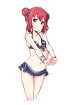  :o bad_id bad_pixiv_id bangs bare_arms bare_shoulders bikini blue_bikini blue_bow blush bow bracelet collarbone cowboy_shot double_bun enpu_(ufo) flat_chest front-tie_bikini front-tie_top green_eyes jewelry kurosawa_ruby layered_bikini looking_at_viewer love_live! love_live!_sunshine!! navel outstretched_arms own_hands_together parted_lips red_hair short_hair sidelocks simple_background solo standing stomach stretch striped striped_bow swimsuit tareme white_background 