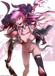  armor bikini_armor blue_eyes breasts claws dragon_girl dragon_horns dragon_tail elizabeth_bathory_(brave)_(fate) elizabeth_bathory_(fate)_(all) fate/grand_order fate_(series) hair_between_eyes horns long_hair navel open_mouth pointy_ears purple_hair red_armor saiki2 silver_trim small_breasts solo sword tail weapon 