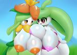  2girls arm_around_shoulder blue_background blue_sky breasts crown day dibujosv12 eyes_visible_through_hair grass green_hair highres huge_breasts lilligant long_hair looking_down multiple_girls nipples no_humans open_mouth orange_eyes outdoors pink_eyes pokemon pokemon_(creature) pokemon_bw pokemon_sm shiny_skin simple_background sky smile standing steenee teeth 