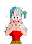  1girl 80s breasts bulma dragon_ball game_cg green_hair happy highres large_breasts long_hair open_mouth ponytail smile yamamoto_doujin 