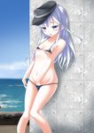  :o against_wall anchor_symbol arm_at_side bangs bikini black_hat black_swimsuit blue_eyes blurry blush breasts collarbone commentary_request day depth_of_field eyebrows_visible_through_hair fingering flat_cap groin half-closed_eyes halterneck hand_under_clothes hand_under_swimsuit hat hibiki_(kantai_collection) highres horizon kantai_collection kaze_makase knees_together_feet_apart long_hair looking_down masturbation micro_bikini navel ocean open_mouth outdoors sidelocks silver_hair skindentation small_breasts solo standing stomach string_bikini swimsuit underboob very_long_hair 