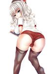  alternate_costume ass bent_over beret black_legwear blue_eyes breasts buruma commentary_request from_behind gym_uniform hat kantai_collection kashima_(kantai_collection) looking_at_viewer looking_back medium_breasts ohguro_mariya short_sleeves silver_hair solo thighhighs twintails wavy_hair 