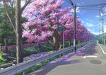  blue_sky brick_wall bush cherry_blossoms cloud commentary day grass guard_rail hill lamppost manhole_cover mirror no_humans original outdoors petals plant power_lines railing reflection road scenery sign sky street telephone_pole traffic_mirror tree wall 
