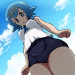 1girl blue_eyes blue_hair blue_sky blush breasts cloud day from_below happy headband outdoors pokemon pokemon_(game) pokemon_sm regls short_hair sky suiren_(pokemon) swimsuit swimsuit_under_clothes thighs trial_captain 