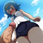  1girl blue_eyes blue_hair blue_sky blush breasts censored cloud day erection from_below headband mosaic_censoring nervous outdoors penis pokemon pokemon_(game) pokemon_sm pov regls short_hair sky suiren_(pokemon) swimsuit swimsuit_under_clothes thighs trial_captain wavy_mouth 