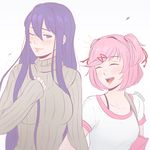  2girls :d ;&gt; ^_^ artist_name bag bangs blush breasts closed_eyes closed_mouth commentary doki_doki_literature_club grey_sweater hair_ornament hairclip koyorin large_breasts long_hair looking_at_viewer multiple_girls natsuki_(doki_doki_literature_club) one_eye_closed open_mouth purple_eyes purple_hair ribbed_sweater shirt short_hair short_sleeves sleeves_past_wrists smile sweater swept_bangs two_side_up very_long_hair white_background white_shirt yuri_(doki_doki_literature_club) 