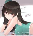  absurdres black_gloves black_hair chin_rest choukai_(kantai_collection) dated glasses gloves hand_on_own_cheek hat highres kantai_collection long_hair looking_at_viewer lying midriff mini_hat on_stomach red_eyes remodel_(kantai_collection) rimless_eyewear school_uniform serafuku smile solo twitter_username yukichi_(sukiyaki39) 