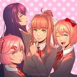  :d ahoge artist_name bangs blazer blue_eyes blue_skirt blunt_bangs blush bow breasts brown_hair closed_mouth collared_shirt commentary doki_doki_literature_club eyebrows_visible_through_hair green_eyes hair_bow high_ponytail jacket koyorin long_hair long_sleeves looking_at_viewer looking_back medium_breasts monika_(doki_doki_literature_club) multiple_girls natsuki_(doki_doki_literature_club) neck_ribbon open_mouth parted_lips pink_background pink_eyes pink_hair pleated_skirt polka_dot polka_dot_background profile purple_eyes purple_hair red_bow red_ribbon ribbon sayori_(doki_doki_literature_club) school_uniform shirt sidelocks skirt smile two_side_up very_long_hair white_bow white_shirt wing_collar yuri_(doki_doki_literature_club) 