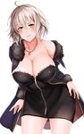  &gt;:( ahoge bangs black_dress blush breasts cleavage closed_mouth collarbone commentary_request cowboy_shot dress fate/grand_order fate_(series) frown fur_trim hanada_yanochi jacket jeanne_d'arc_(alter)_(fate) jeanne_d'arc_(fate)_(all) jewelry large_breasts leaning_forward long_sleeves looking_at_viewer necklace off_shoulder open_clothes open_jacket short_dress short_hair silver_hair simple_background solo v-shaped_eyebrows white_background wicked_dragon_witch_ver._shinjuku_1999 yellow_eyes 