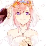 1girl bare_shoulders black_gloves blue_eyes blush bridal_veil closed_mouth dress fingerless_gloves flower gloves hair_flower hair_ornament holding_hands jewelry kairi_(kingdom_hearts) kingdom_hearts kingdom_hearts_ii looking_at_viewer necklace out_of_frame petals pov purple_eyes ramochi_(auti) red_hair short_hair simple_background smile solo_focus sora_(kingdom_hearts) touching upper_body veil white_background 