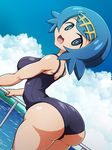  1girl ass blue_eyes blue_hair blue_sky blush breasts cloud day headband large_breasts looking_at_viewer ocean one-piece_swimsuit open_mouth outdoors pokemon pokemon_(game) pokemon_sm regls short_hair sky smile solo suiren_(pokemon) swimsuit trial_captain water 