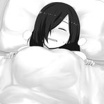  blanket blush greyscale hair_over_one_eye highres monochrome nao_(ritsancrossover) open_mouth original pai-chan_(nao) pillow solo sweat under_covers 
