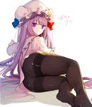  ass bangs black_legwear blunt_bangs crescent crescent_hair_ornament daimaou_ruaeru hair_ornament hat highres legs long_hair long_sleeves looking_at_viewer looking_back lying mob_cap panties panties_under_pantyhose pantyhose patchouli_knowledge purple_eyes purple_hair solo thighband_pantyhose touhou underwear very_long_hair white_background 