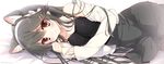  animal_ears bare_shoulders black_tank_top breasts brown_eyes commentary eyebrows_visible_through_hair grey_hair grey_skirt hair_ornament hairclip haruna_(kantai_collection) jacket kantai_collection large_breasts long_hair long_sleeves lying on_side shigunyan skirt smile solo white_jacket 