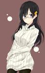  black_hair blue_eyes breasts dress earrings eyebrows_visible_through_hair glasses hair_ornament hairclip jewelry long_hair long_sleeves looking_at_viewer medium_breasts original red-framed_eyewear ribbed_sweater shiina_kuro smile solo sweater sweater_dress turtleneck turtleneck_sweater 