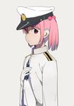  expressionless gloves grey_background hair_bobbles hair_ornament hand_on_own_chest hat kantai_collection long_sleeves military military_uniform naval_uniform peaked_cap pink_eyes pink_hair sazanami_(kantai_collection) short_hair simple_background sohin solo twintails uniform white_gloves 