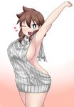  1girl ;d amano_megumi amano_megumi_wa_suki_darake! aran_sweater arm_behind_head armpits blue_eyes blush breasts brown_hair cable_knit clenched_hand commentary ekz_(robotekz) fang from_side grabbing_own_arm gradient_background hair_between_eyes heart highres large_breasts looking_at_viewer meme_attire one_eye_closed open_mouth outstretched_arm ribbed_sweater smile solo sweater turtleneck turtleneck_sweater twintails v-shaped_eyebrows virgin_killer_sweater white_sweater 