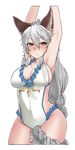  3: animal_ears armpits arms_up blush breasts brown_eyes casual_one-piece_swimsuit closed_mouth collarbone cowboy_shot cropped_arms cropped_legs ekz_(drawfag) erune eyebrows_visible_through_hair frilled_swimsuit frills granblue_fantasy groin hair_between_eyes head_tilt heles highres large_breasts long_hair looking_at_viewer nose_blush one-piece_swimsuit silver_hair simple_background sketch solo swimsuit very_long_hair white_background white_swimsuit 