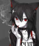  alternate_costume animal_ears bangs belt_collar black_background black_hair black_jacket breasts cigarette closed_mouth clothes_writing collar collarbone commentary_request contemporary eyebrows_visible_through_hair fingernails hair_between_eyes highres hitoshi holding holding_cigarette imaizumi_kagerou jacket long_fingernails long_hair looking_at_viewer medium_breasts nail_polish off_shoulder red_eyes red_nails shirt simple_background smoke solo touhou upper_body white_shirt white_skin wolf_ears 