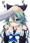  ;) bare_shoulders black_ribbon black_serafuku blue_eyes blue_neckwear blush commentary_request detached_sleeves eyebrows_visible_through_hair green_hair hair_between_eyes hair_ornament hairclip hand_on_another's_head kantai_collection long_hair looking_at_viewer neckerchief one_eye_closed out_of_frame peta_(taleslove596) petting ribbon school_uniform serafuku smile solo_focus white_background yamakaze_(kantai_collection) 