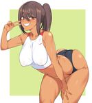  ass back bare_shoulders blush breasts brown_eyes brown_hair covered_navel dark_skin grin highres huge_breasts leaning_forward looking_at_viewer midriff ponytail smile solo teeth track_and_field urec v 
