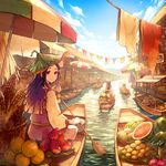  akagi_shun apple awning banana basket black_hair blue_sky blush boat closed_mouth cloth cloud corn day dragon_fruit food from_behind fruit hair_ornament holding holding_oar laundry leaf leaf_hat leaf_on_head long_hair long_sleeves looking_at_viewer low-tied_long_hair market oar original outdoors parasol plate pomelo pot purple_hair railing red_eyes revision river sash signature sitting sky smile solo_focus string_of_flags striped thatched_roof tropical umbrella water watercraft watermelon 