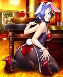  animal_ears ass bangs blue_eyes blue_hair blush breasts bunny_ears bunny_tail bunnysuit casino commentary earrings eyebrows_visible_through_hair high_heels highres indoors jewelry kneeling looking_at_viewer looking_back medium_breasts official_art open_mouth pantyhose poker_chip roulette_table shiny short_hair solo tail taimanin_(series) taimanin_asagi_kessen_arena wrist_cuffs zol 